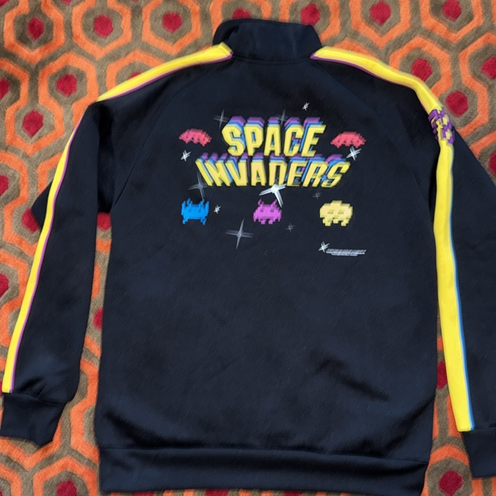 Men's Space Invaders Black Track Jacket with Yellow and Blue Accents XL